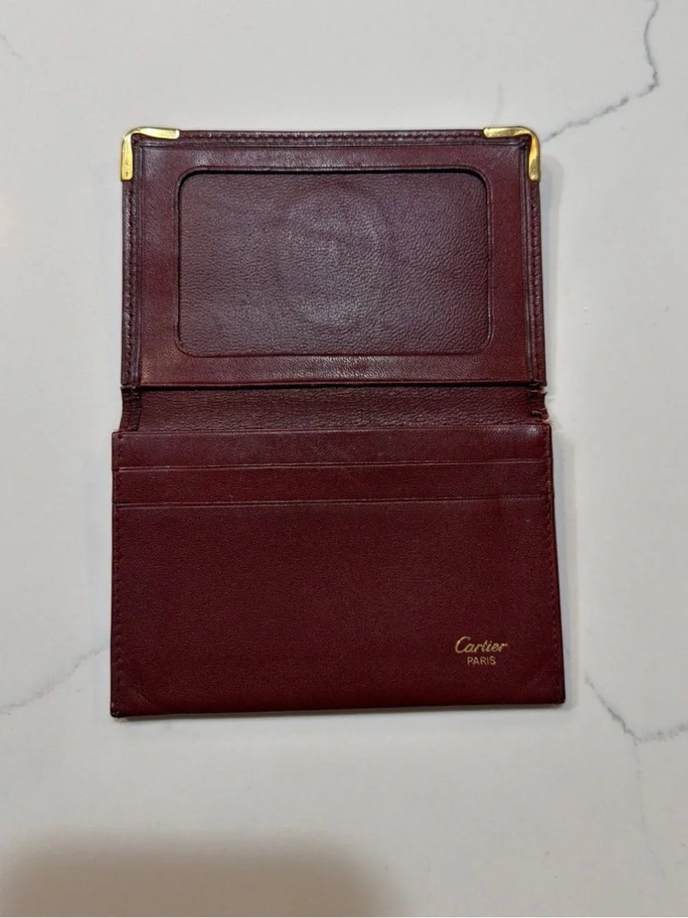 Authentic Cartier Leather Card Holder - Burgundy with Gold Corners